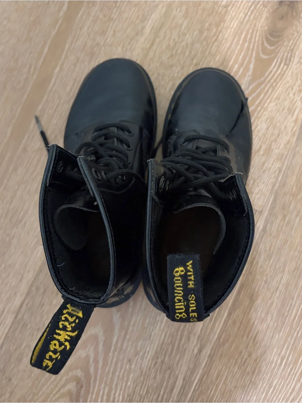 Dr. Martens Black Leather Lace-Up Boots with Yellow Stitching